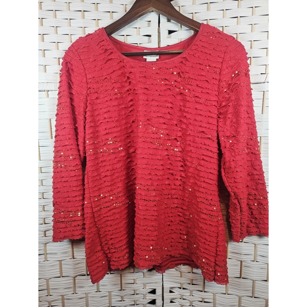 Kim Rogers Womens Red Ruffle Gold Accents Top Sz PL Date Holiday Party Christmas
